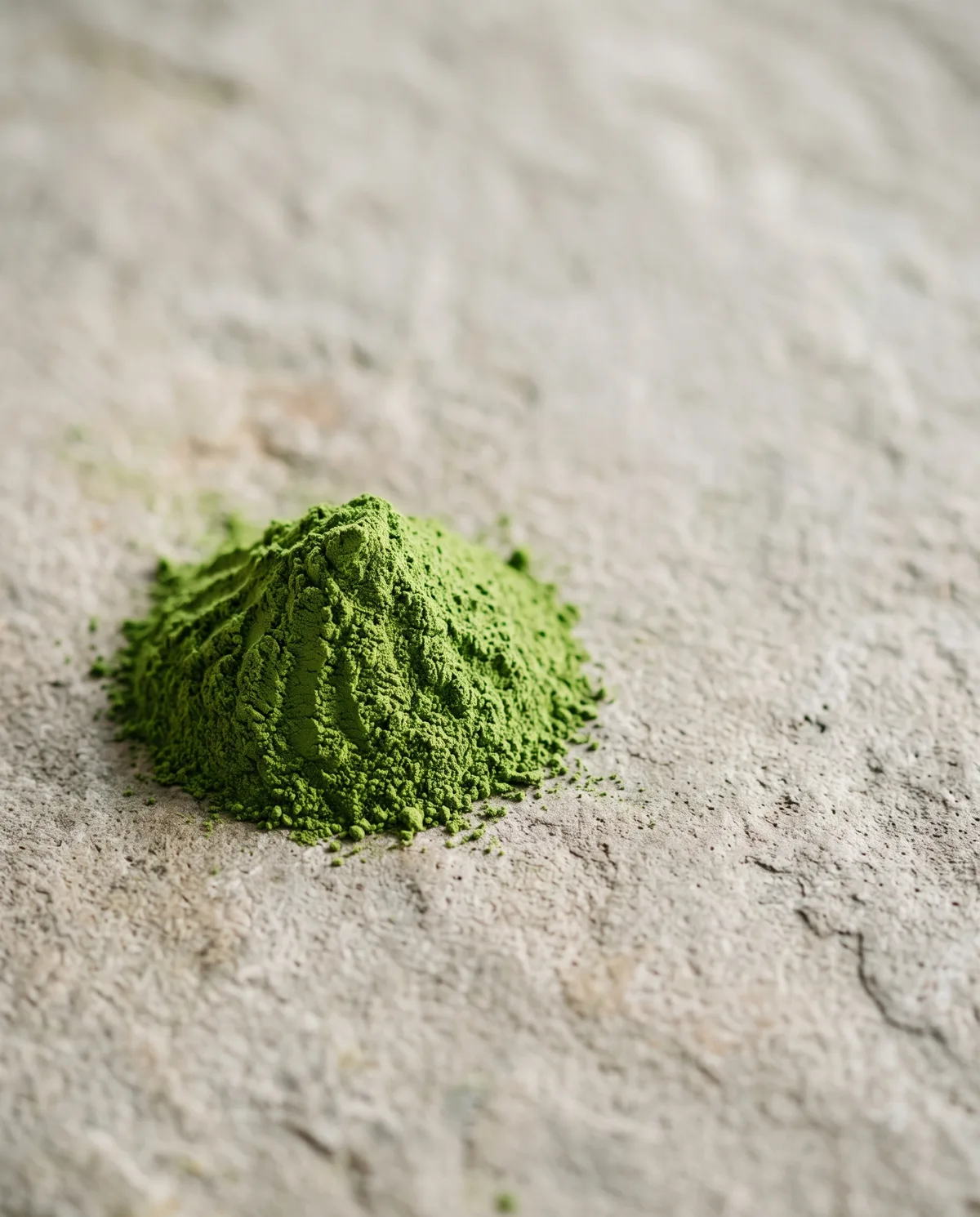 Mound of finely ground vivid green Yame matcha powder on a stone surface